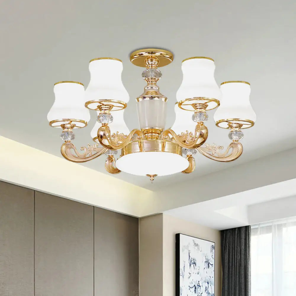 Simple Gold Frosted Glass Ceiling Light With Crystal Accent - 6-Light Flared Semi Flush Mount