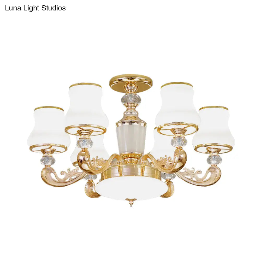 Simple Gold Frosted Glass Ceiling Light With Crystal Accent - 6-Light Flared Semi Flush Mount