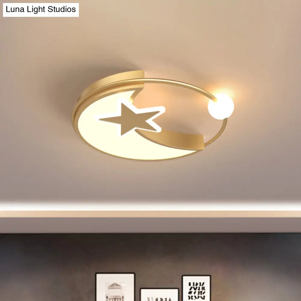 Simple Gold Led Bedroom Flushmount Ceiling Light With Star And Crescent Acrylic Shade