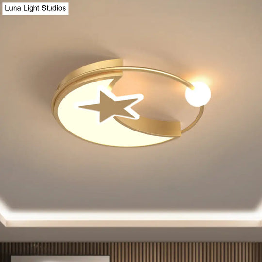 Simple Gold Led Bedroom Flushmount Ceiling Light With Star And Crescent Acrylic Shade
