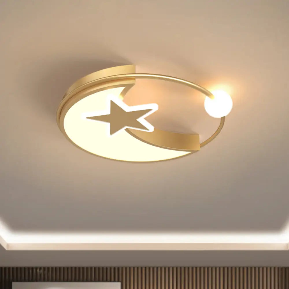 Simple Gold Led Bedroom Flushmount Ceiling Light With Star And Crescent Acrylic Shade