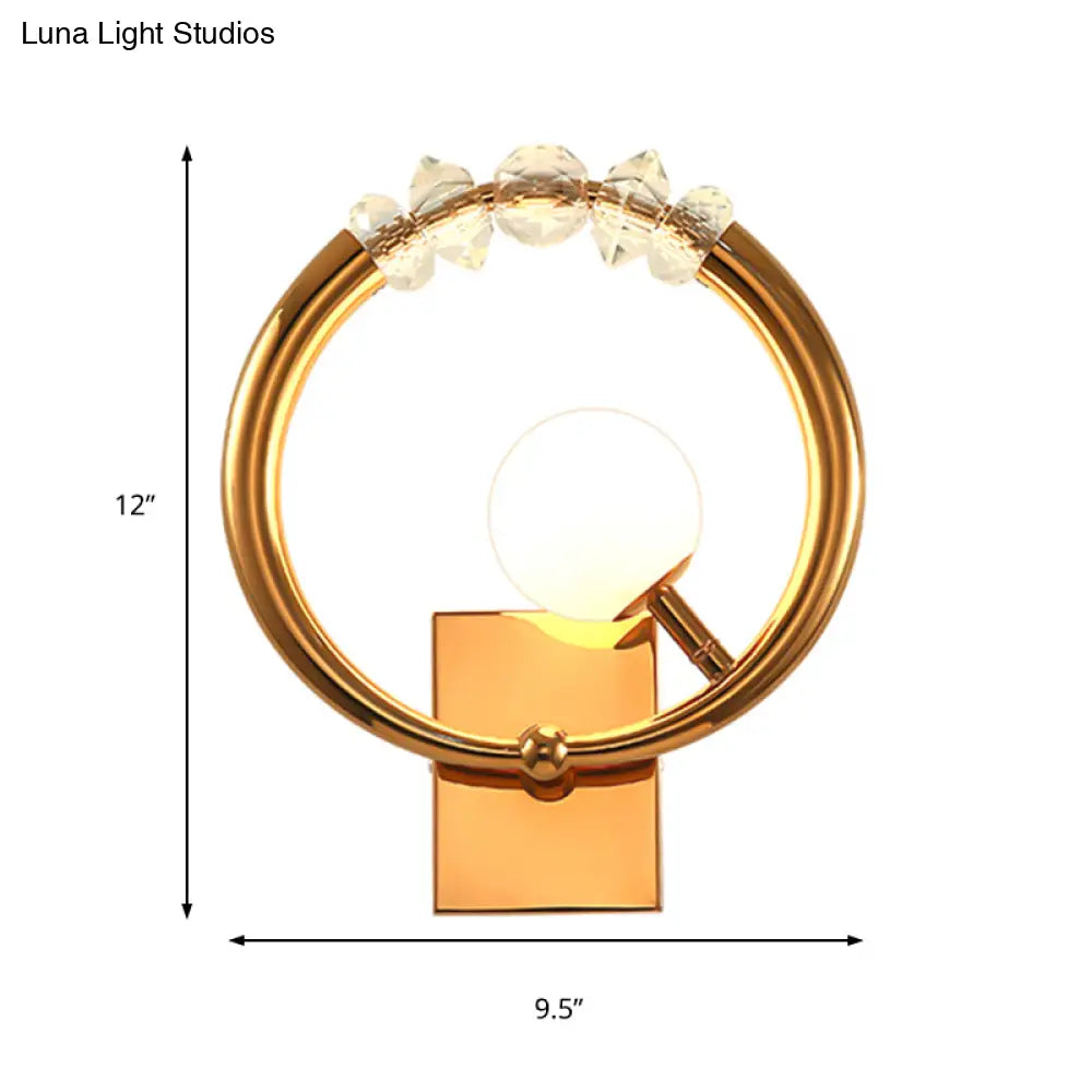 Simple Gold Ring Wall Sconce With Crystal Accent - 1 Light Metal Mount