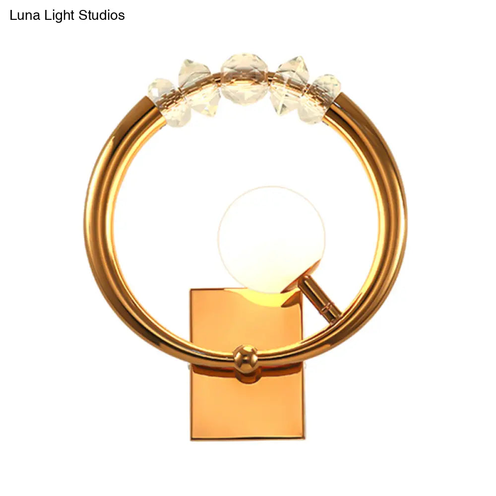 Simple Gold Ring Wall Sconce With Crystal Accent - 1 Light Metal Mount