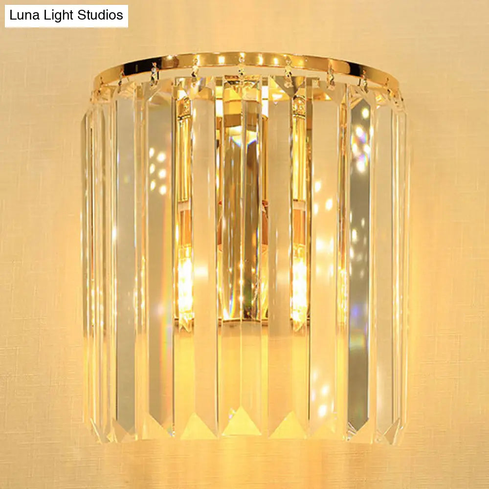 Simple Gold Wall Sconce With Semi Cylindrical Crystal Block - 1 Head Mounted Light Fixture