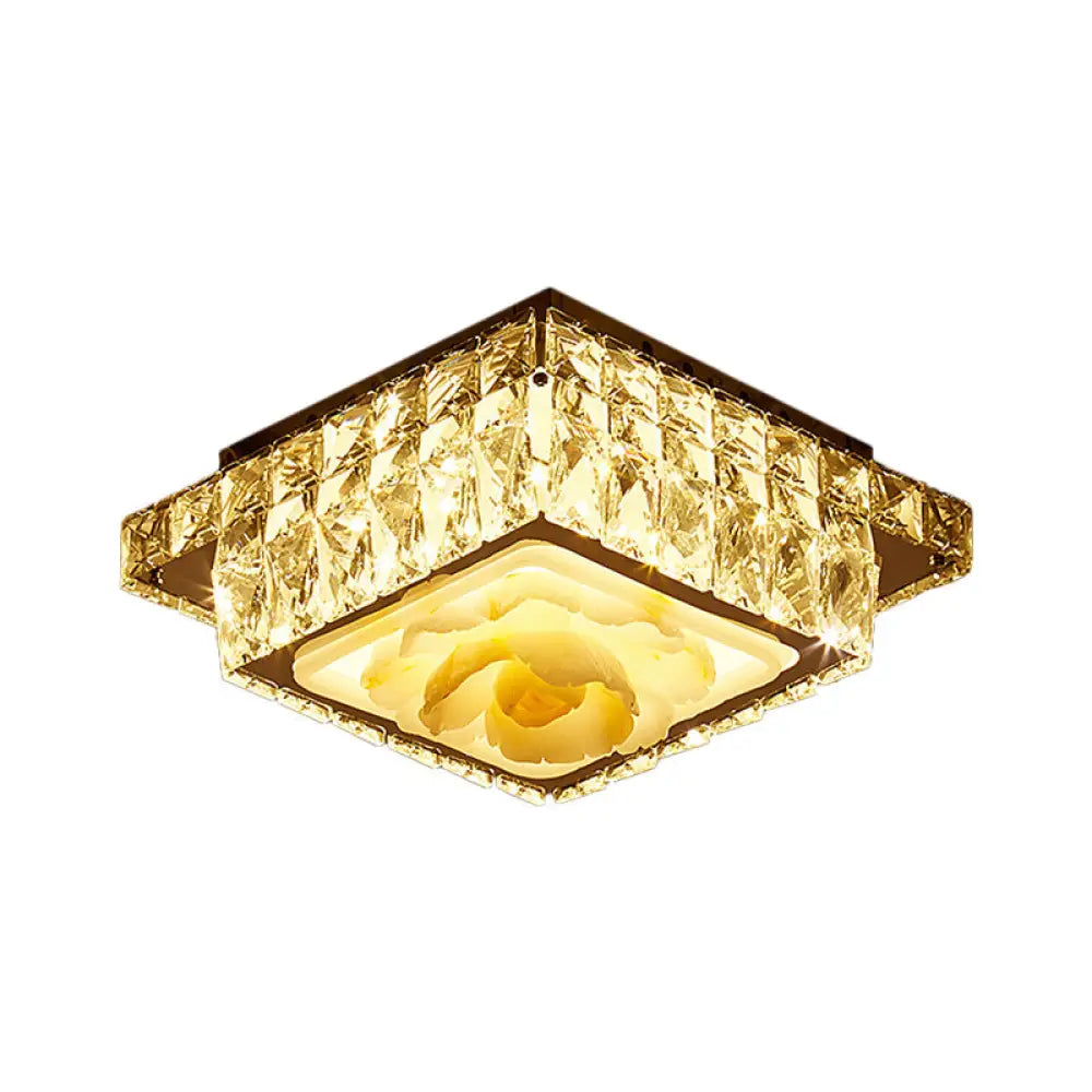 Simple Led Chrome Flush Mount Ceiling Lighting For Corridor - Crystal Block Round/Square Shape /