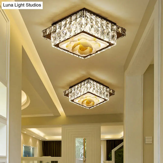 Simple Led Chrome Flush Mount Ceiling Lighting For Corridor - Crystal Block Round/Square Shape