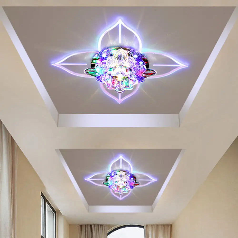 Simple Led Hallway Ceiling Fixture With Clear Crystal Flush Mount & Leaf Edge Design -