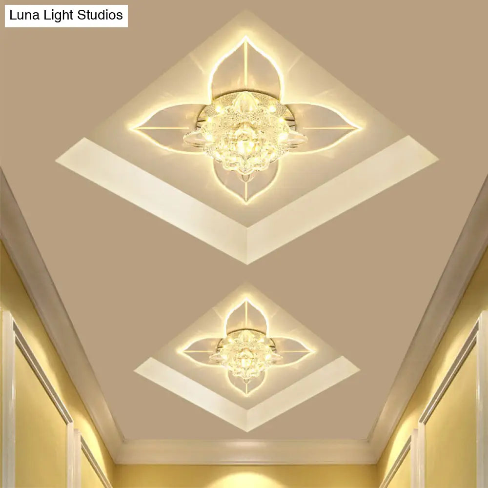 Simple Led Hallway Ceiling Fixture With Clear Crystal Flush Mount & Leaf Edge Design -