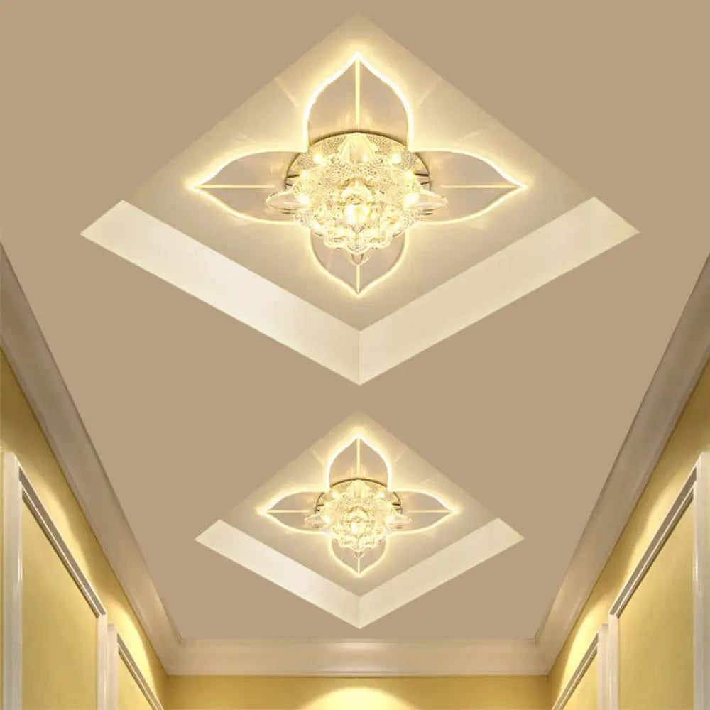 Simple Led Hallway Ceiling Fixture With Clear Crystal Flush Mount & Leaf Edge Design -