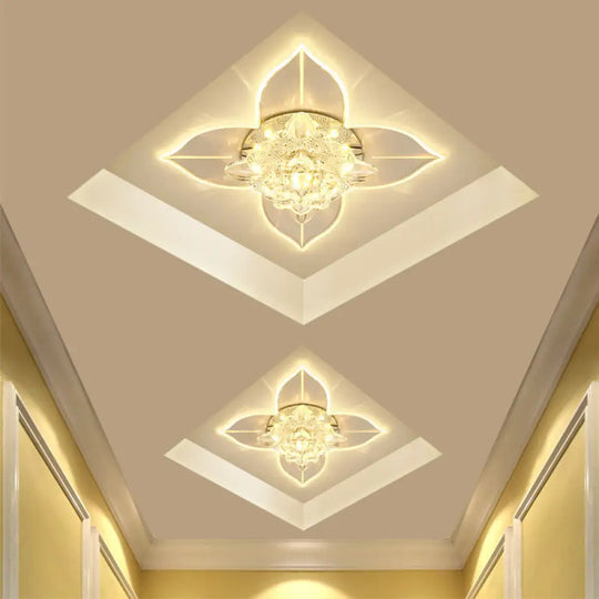 Simple Led Hallway Ceiling Fixture With Clear Crystal Flush Mount & Leaf Edge Design -