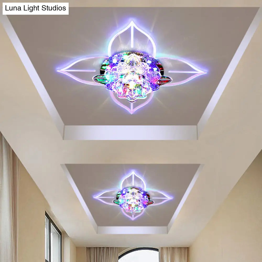 Simple Led Hallway Ceiling Fixture With Clear Crystal Flush Mount & Leaf Edge Design -