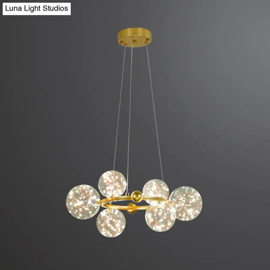 Simple Led Starry Globe Pendant Lamp With Clear Glass Shade - Ring Metal Chandelier 6 / Gold