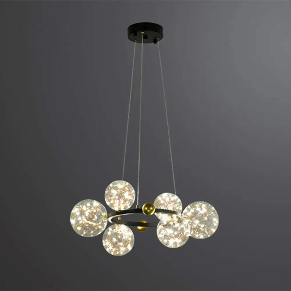 Simple Led Metal Chandelier With Starry Pendant - Clear Glass Shade 6 / Black