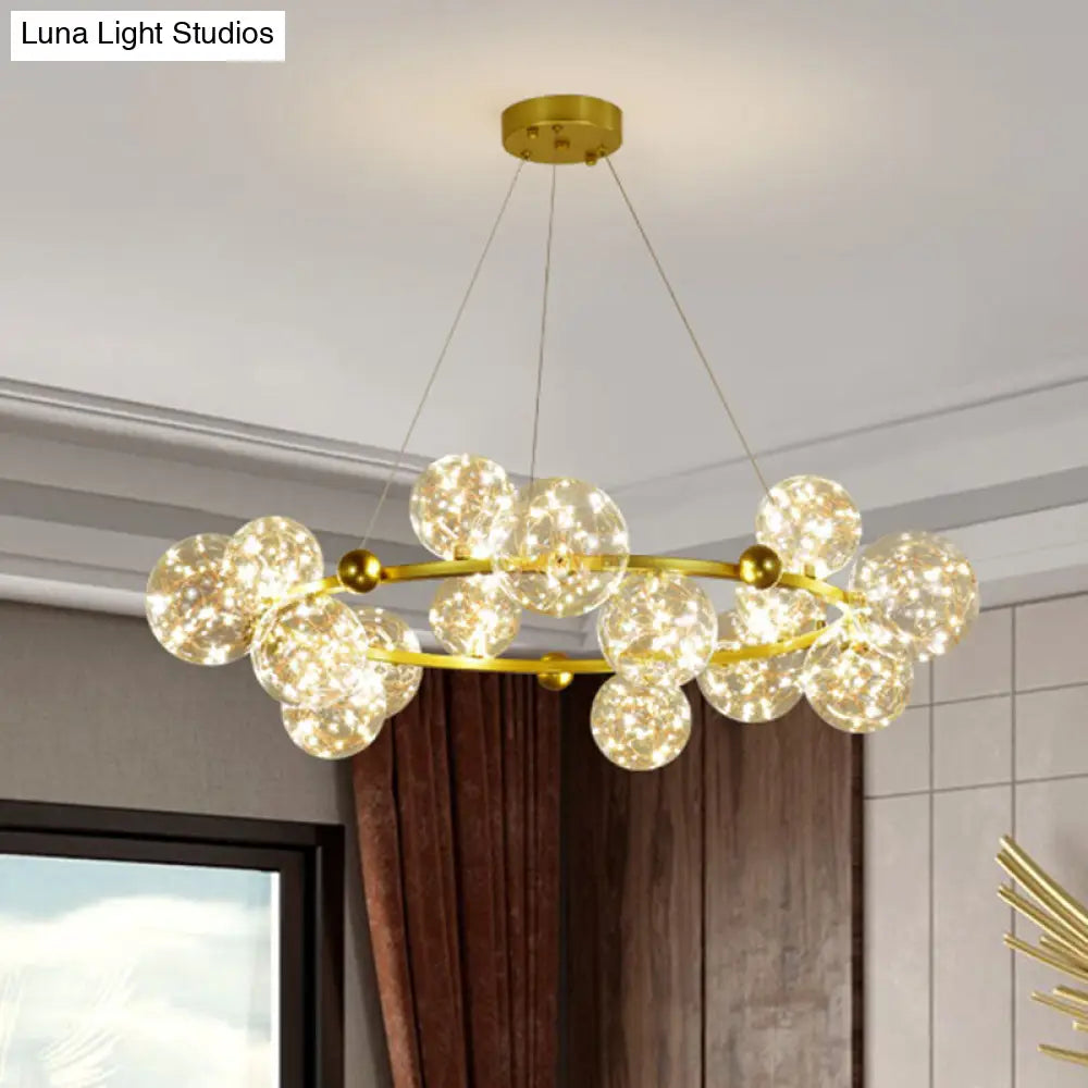 Simple Led Starry Globe Pendant Lamp With Clear Glass Shade - Ring Metal Chandelier