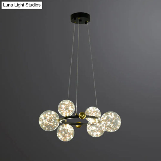 Simple Led Starry Globe Pendant Lamp With Clear Glass Shade - Ring Metal Chandelier 6 / Black