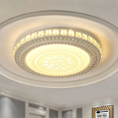 Simple Led White Flush Mount Ceiling Light For Bedroom - Crystal Block Round/Square Fixture / Round