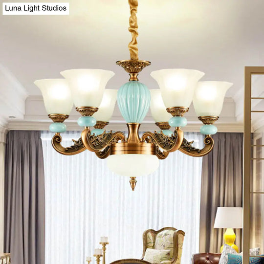 Metal Hanging Light Kit: Elegant Blue Chandelier With Frosted Glass Shade 6 /