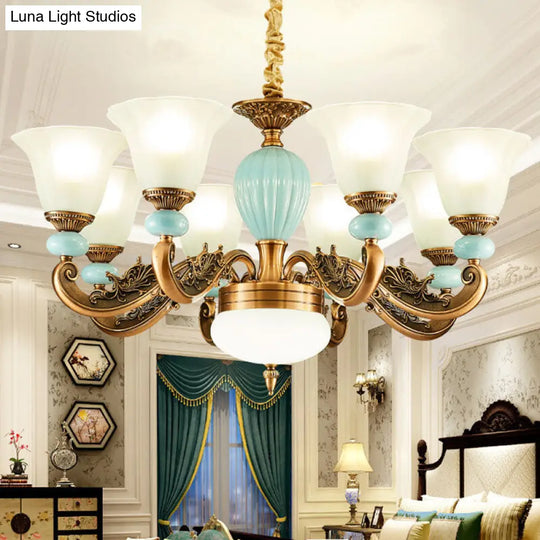 Metal Hanging Light Kit: Elegant Blue Chandelier With Frosted Glass Shade 8 /