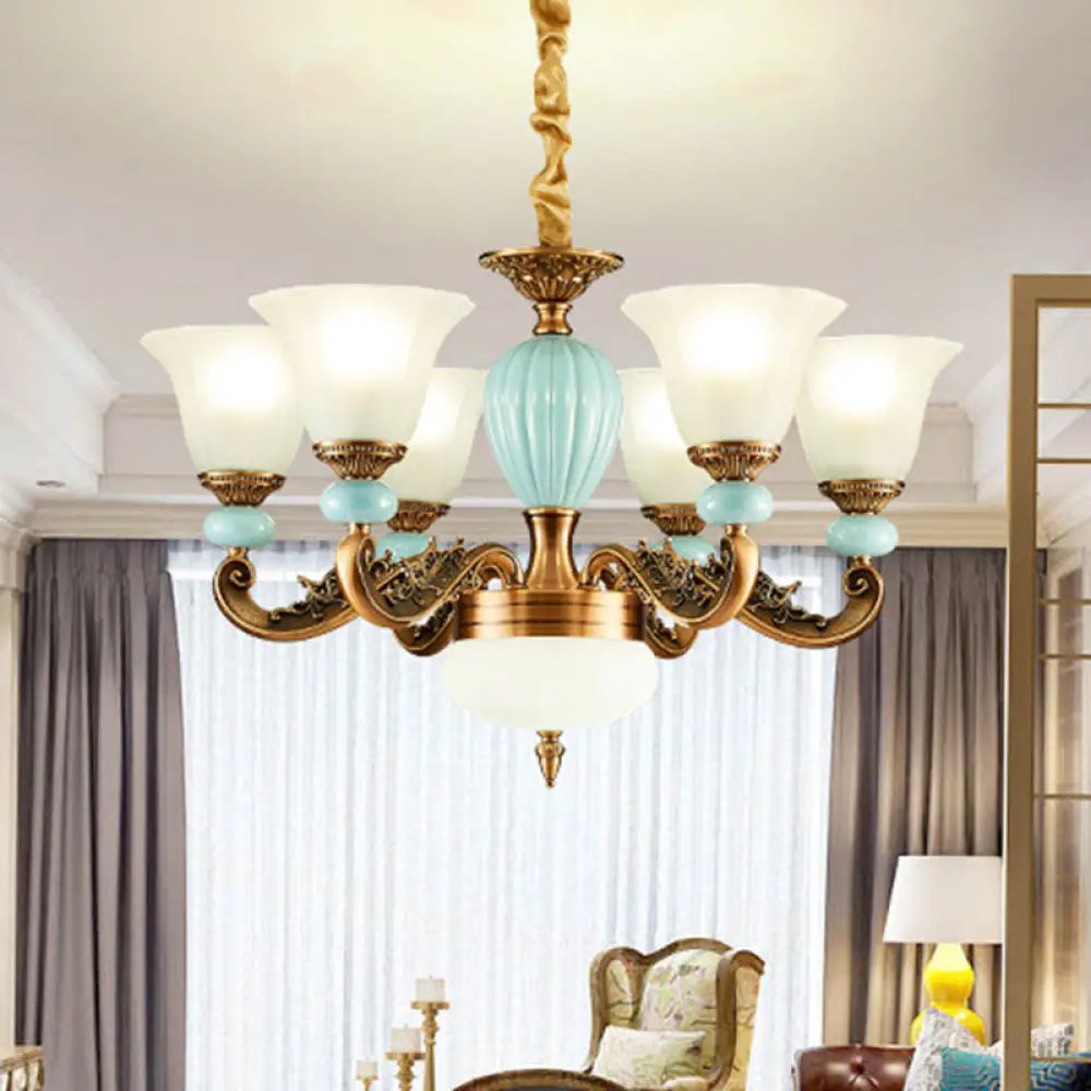 Simple Light Blue Chandelier: Metal Hanging Kit With Flared Frosted Glass Shade 6 /