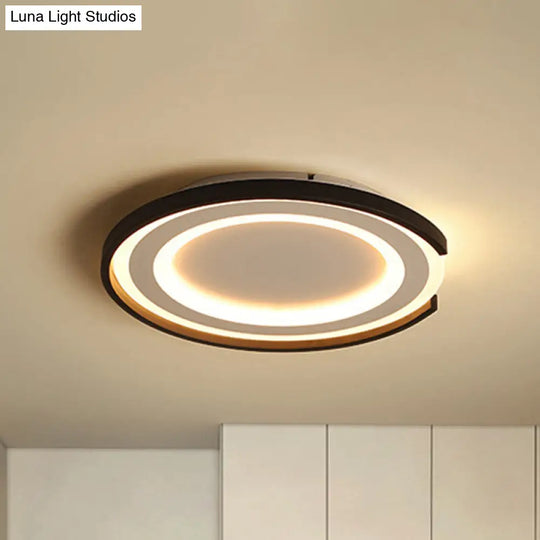 Simple Metal Led Flush Mount Light Fixture - Round Black/Black And White Bedroom Ceiling In