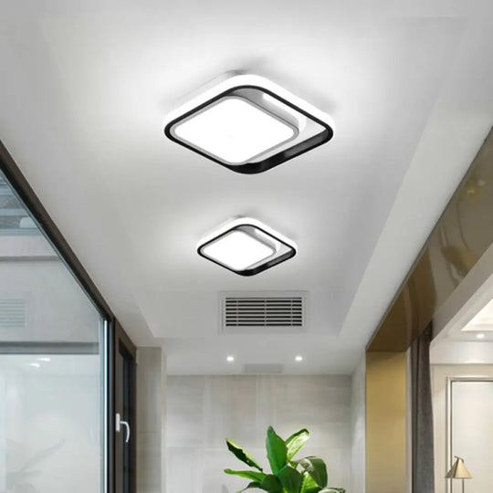 Simple Metallic Led Flush Mount Ceiling Lamp - Squared Lighting For Hallways And Corridors (Black)