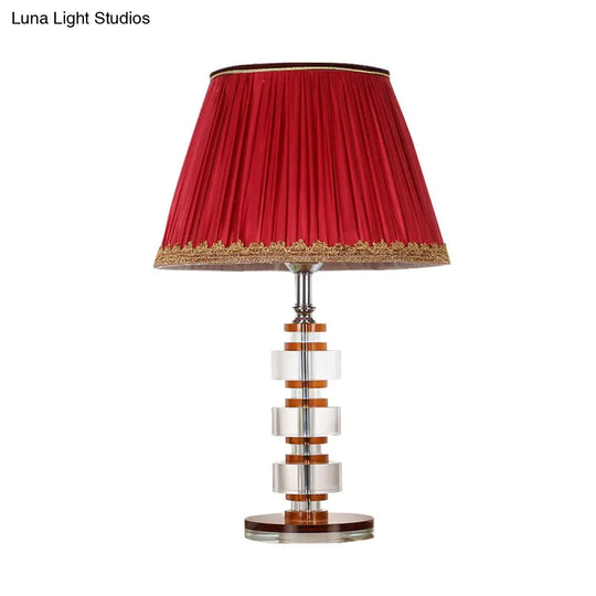 Simple Red Fabric Table Lamp With Crystal Accent - Perfect For Bedroom Nightstands