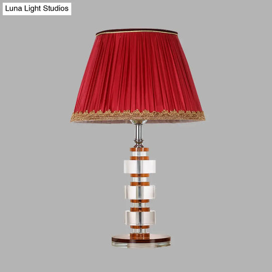 Simple Red Fabric Table Lamp With Crystal Accent - Perfect For Bedroom Nightstands