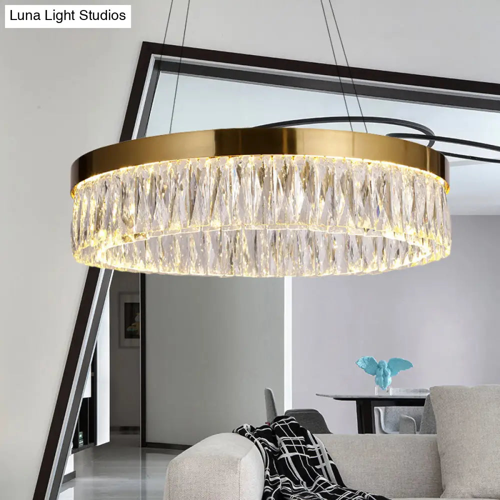 Simple Ring Ribbed Crystal Pendant Chandelier Led Gold Hanging Lamp - 23.5/31.5 Diameter For Dining