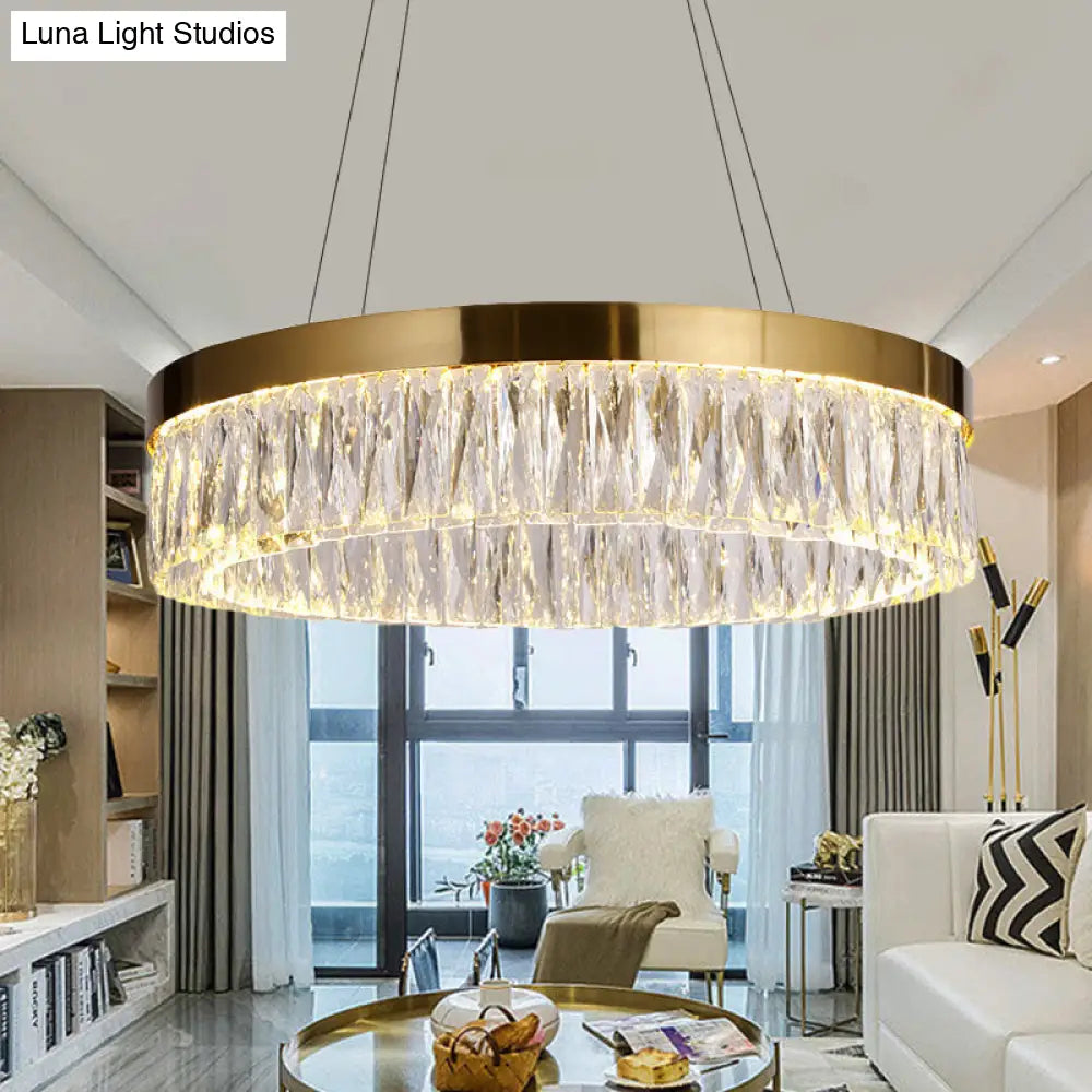 Simple Ring Ribbed Crystal Pendant Chandelier Led Gold Hanging Lamp - 23.5/31.5 Diameter For Dining