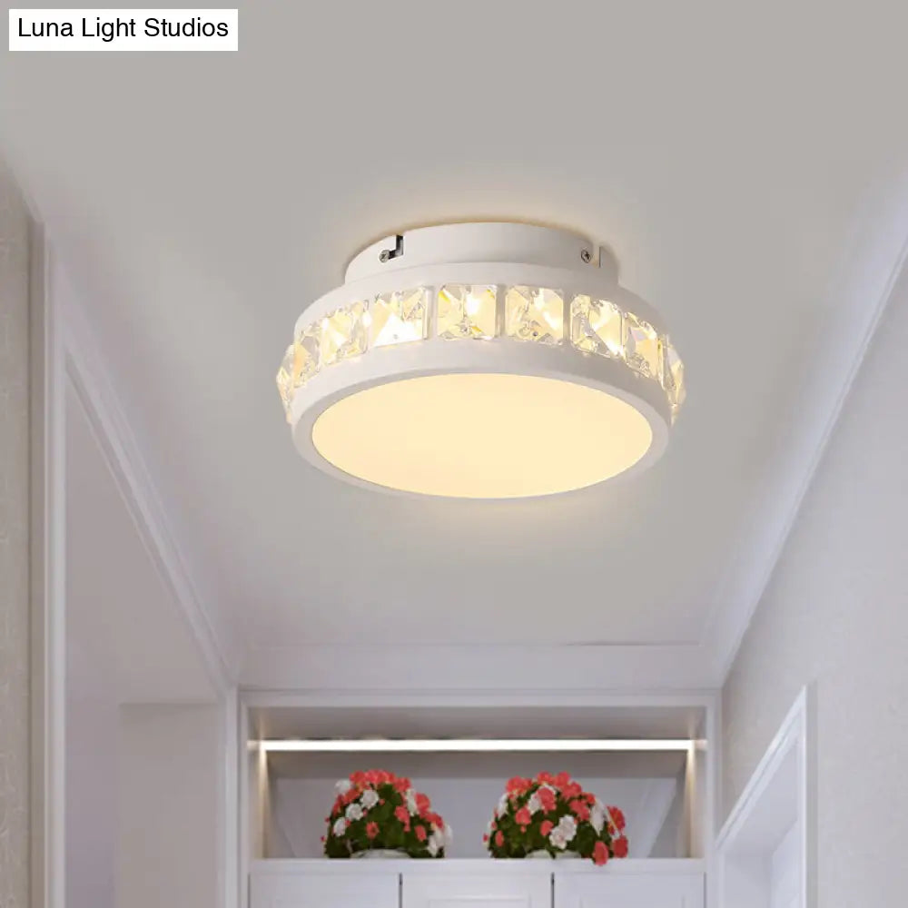 Simple Round Corridor Ceiling Lamp With Beveled Crystal Led Flush Mount Light White