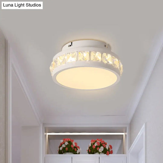 Simple Round Corridor Ceiling Lamp With Beveled Crystal Led Flush Mount Light White