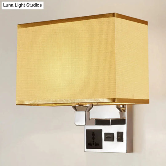 Simple Single White/Flaxen Fabric Rectangle Wall Light With Usb Charging Port And 3-Hole Socket