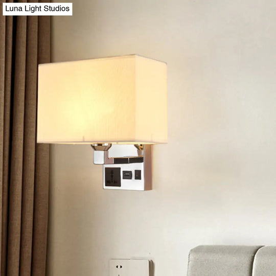 Simple Single White/Flaxen Fabric Rectangle Wall Light With Usb Charging Port And 3-Hole Socket