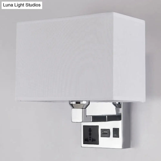 Simple Single White/Flaxen Fabric Rectangle Wall Light With Usb Charging Port And 3-Hole Socket