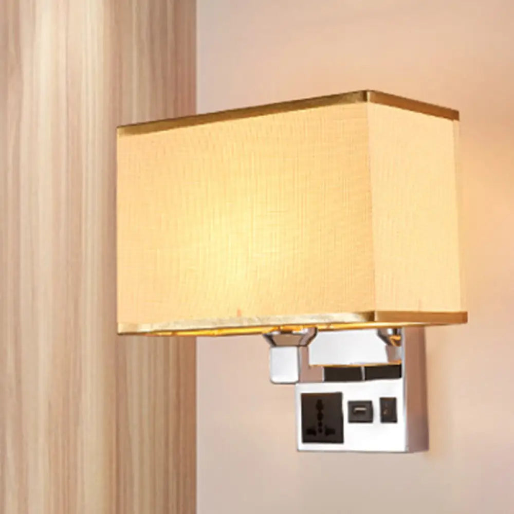 Simple Single White/Flaxen Fabric Rectangle Wall Light With Usb Charging Port And 3-Hole Socket