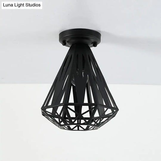 Simple Small Diamond Cage 1-Light Flush Mount Iron Ceiling Light In Black/White