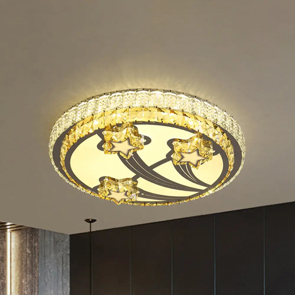 Simple Style 2 - Tier Round Led Flush Ceiling Light With White Faceted Crystal Star Design