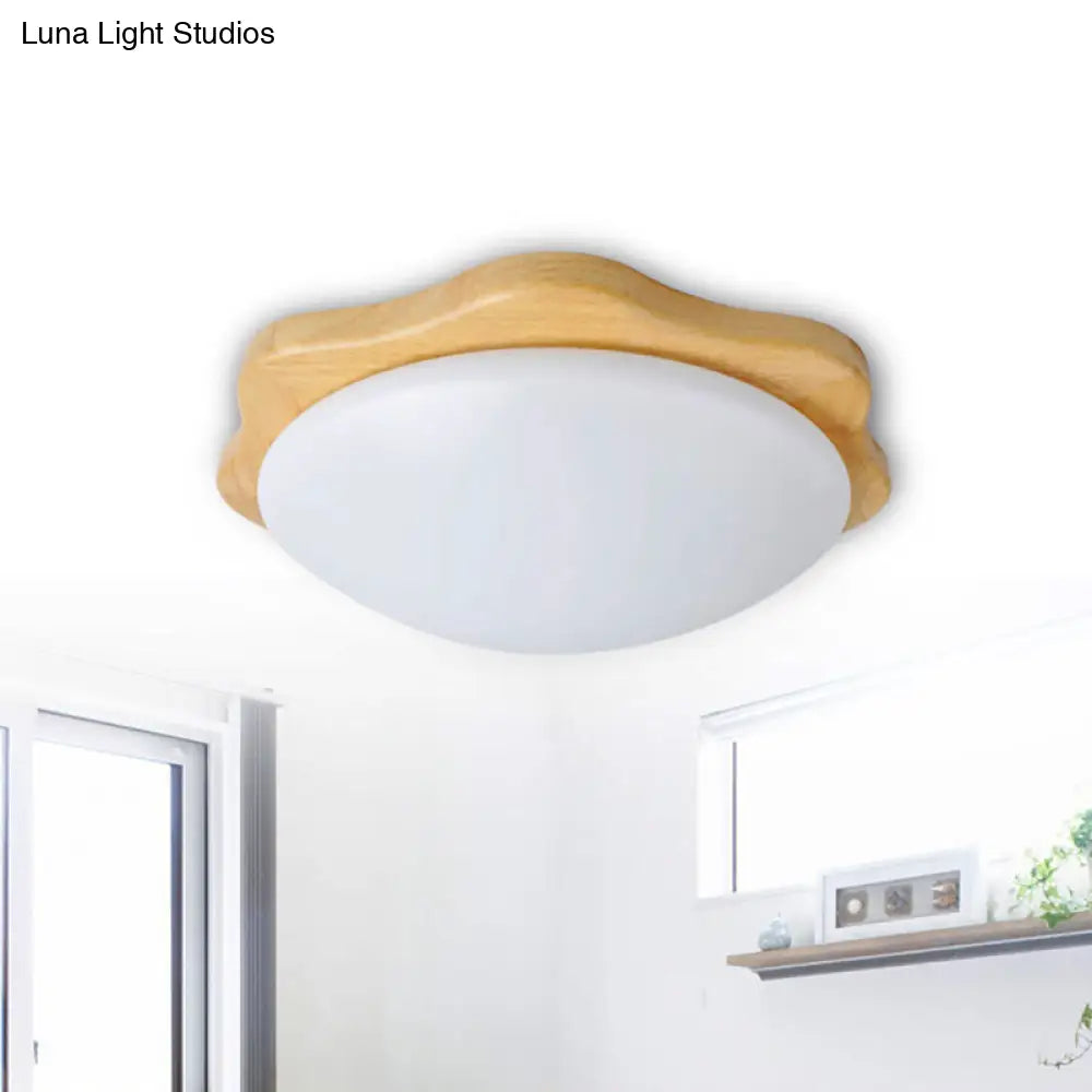 Simple Style Beige Flush Mount Ceiling Light Fixture With Wood Accents Ideal For Bedroom Bowl