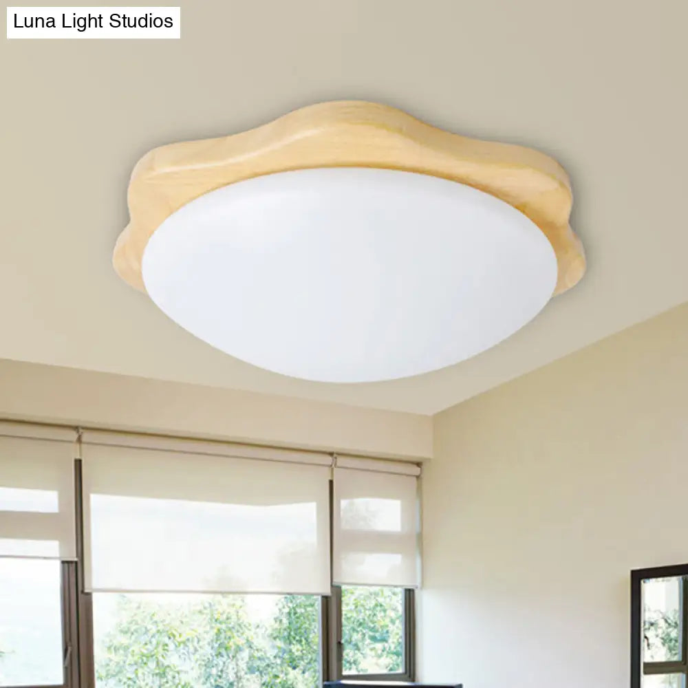 Simple Style Beige Flush Mount Ceiling Light Fixture With Wood Accents Ideal For Bedroom Bowl