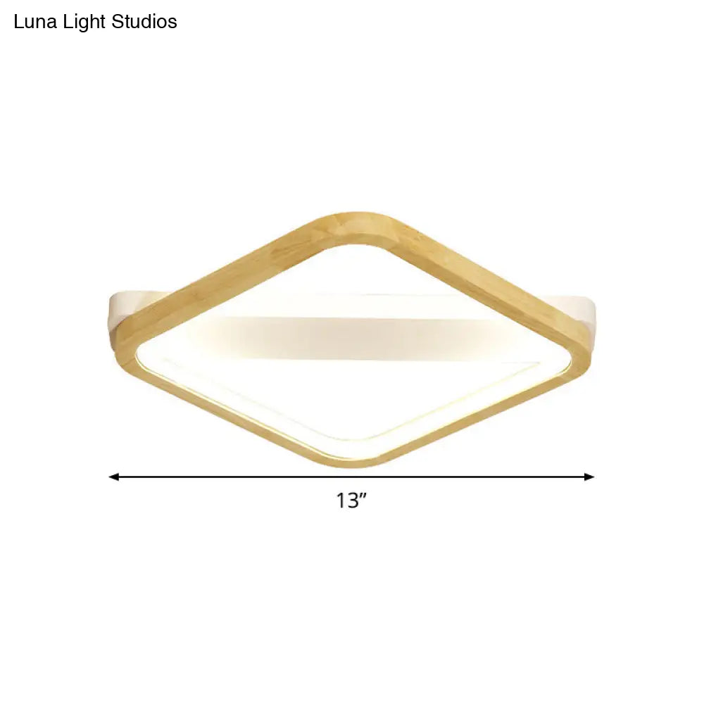 Simple Style Beige Led Ceiling Lamp For Bedroom - Wood Square Flush Light Fixture 13/17/21 Wide