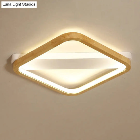 Simple Style Beige Led Ceiling Lamp For Bedroom - Wood Square Flush Light Fixture 13/17/21 Wide / 13