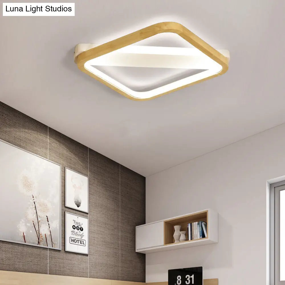 Simple Style Beige Led Ceiling Lamp For Bedroom - Wood Square Flush Light Fixture 13’/17’/21’ Wide