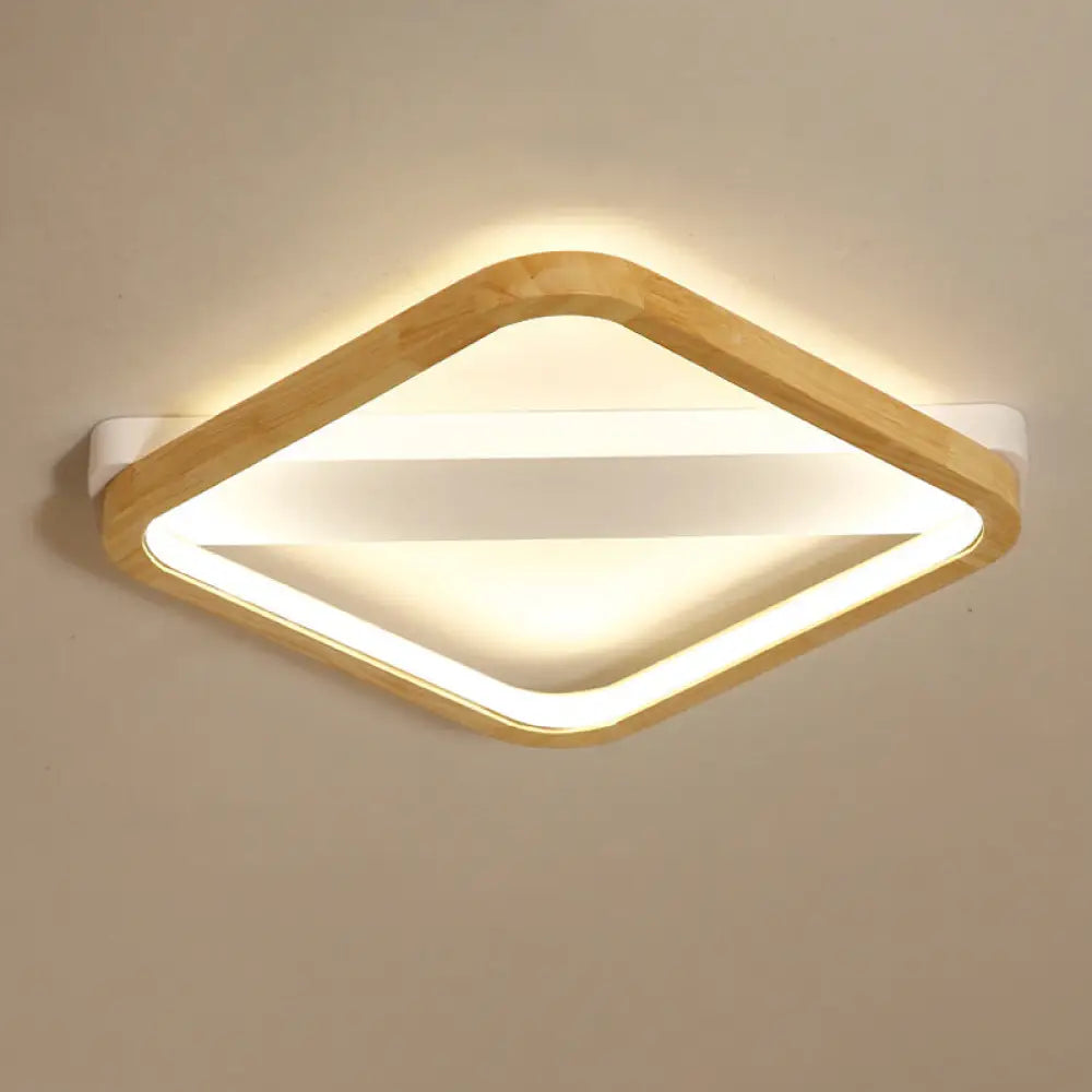 Simple Style Beige Led Ceiling Lamp For Bedroom - Wood Square Flush Light Fixture 13’/17’/21’
