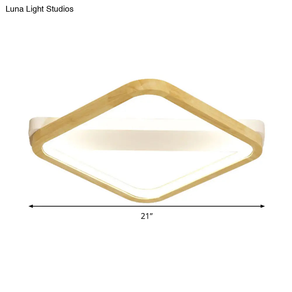Simple Style Beige Led Ceiling Lamp For Bedroom - Wood Square Flush Light Fixture 13/17/21 Wide