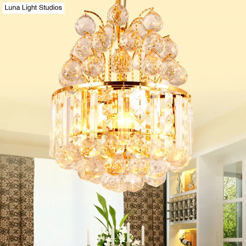 Simple Style Crystal Ball Chandelier - Round Living Room Pendant Light 3 Heads Gold Finish