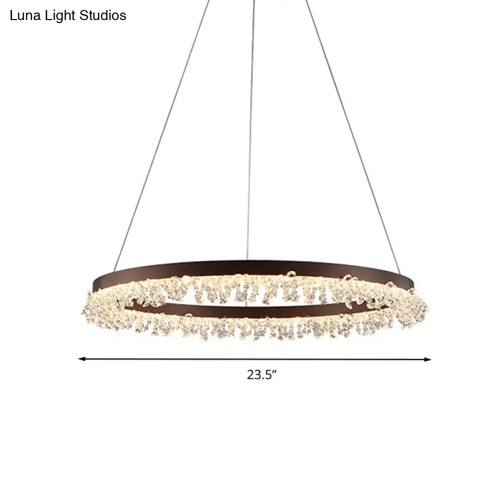 Crystal Beaded Ring Pendant Light Kit With Brown Led Chandelier - Simple Style Available In 16/23.5