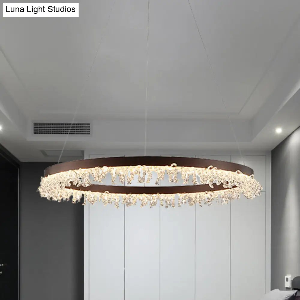 Crystal Beaded Ring Pendant Light Kit With Brown Led Chandelier - Simple Style Available In 16/23.5