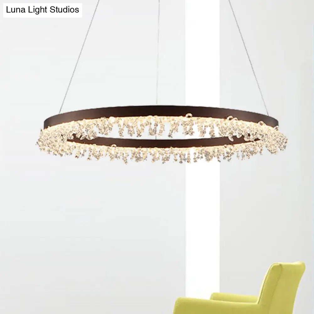 Crystal Beaded Ring Pendant Light Kit With Brown Led Chandelier - Simple Style Available In 16/23.5