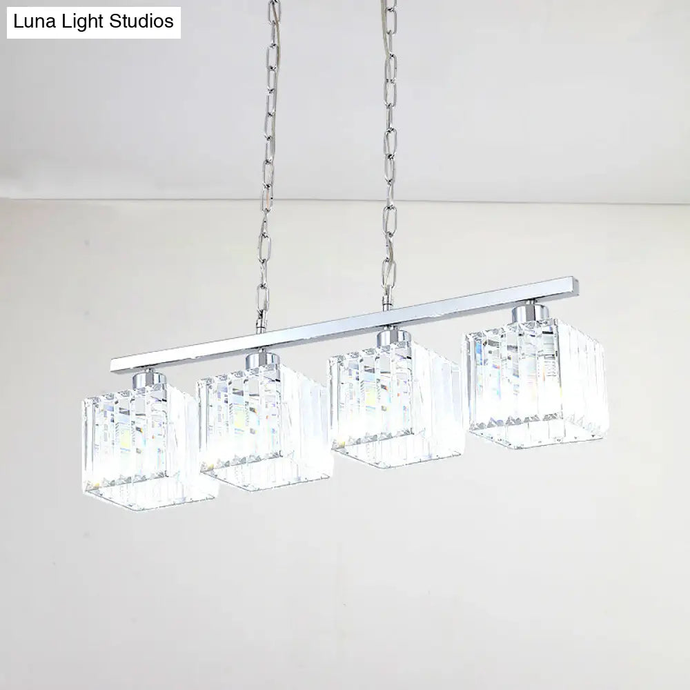 Simple Style Crystal Block Hanging Lamp Kit - 4-Light Chrome Island Fixture