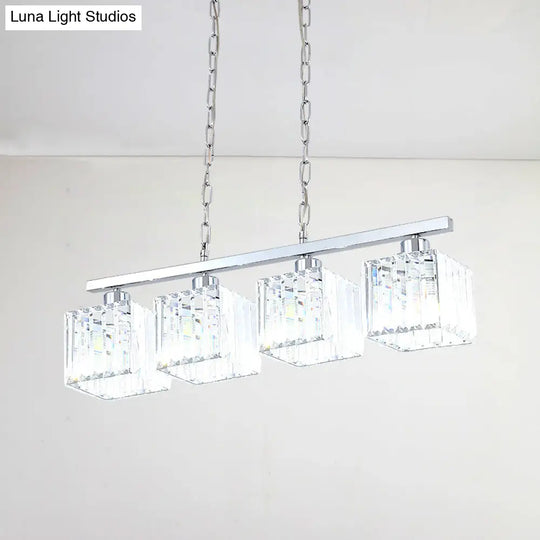 Simple Style Crystal Block Hanging Lamp Kit - 4-Light Chrome Island Fixture